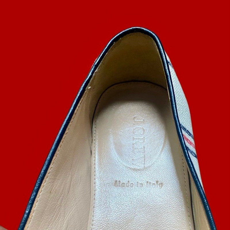 J. Crew White Blue & Red Woven Bow Detail Striped Canvas Leather Loafers (8)