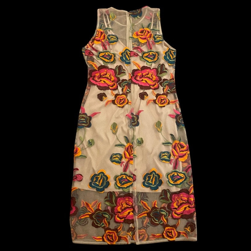 Sleeveless Peachy Pink Vibrant Floral Embroidered Mesh Overlay Sheath Dress (L)