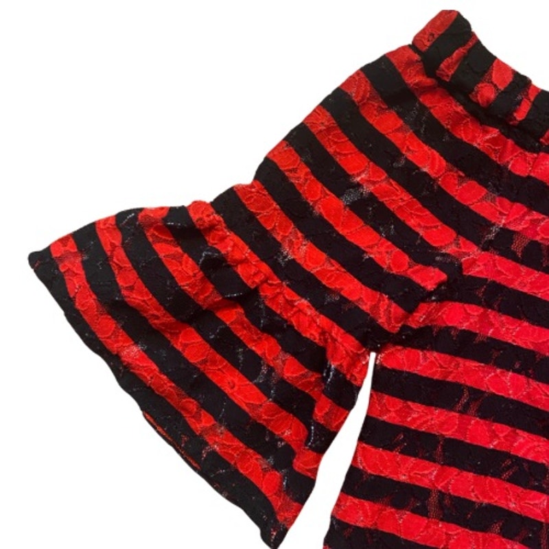 Black and Red Striped Floral Lace Off Shoulder Blouse (M)