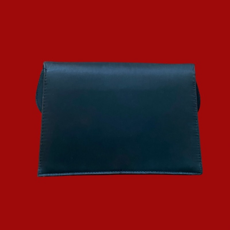 Vintage Black Satin Evening Bag with Silver Fan Decal and Chain Shoulder Strap