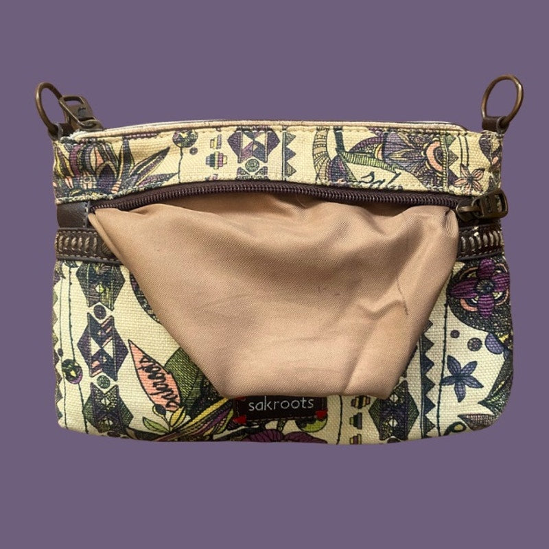 Small Earthy Peace Owl Printed Canvas Crossbody Bag with Dark Brown Faux Leather Strap