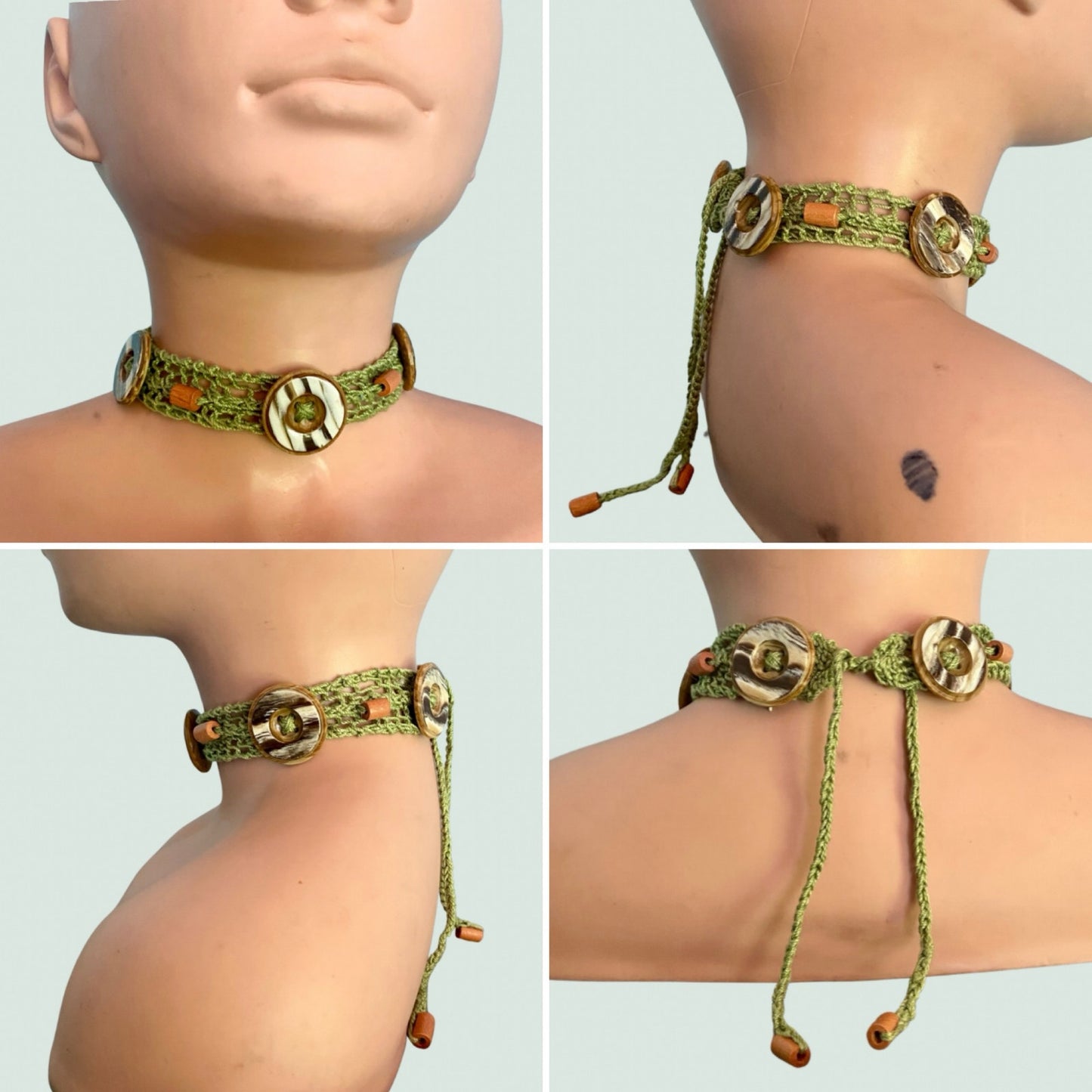 Sage Green Button Embellished Handknit Cotton Choker Necklace