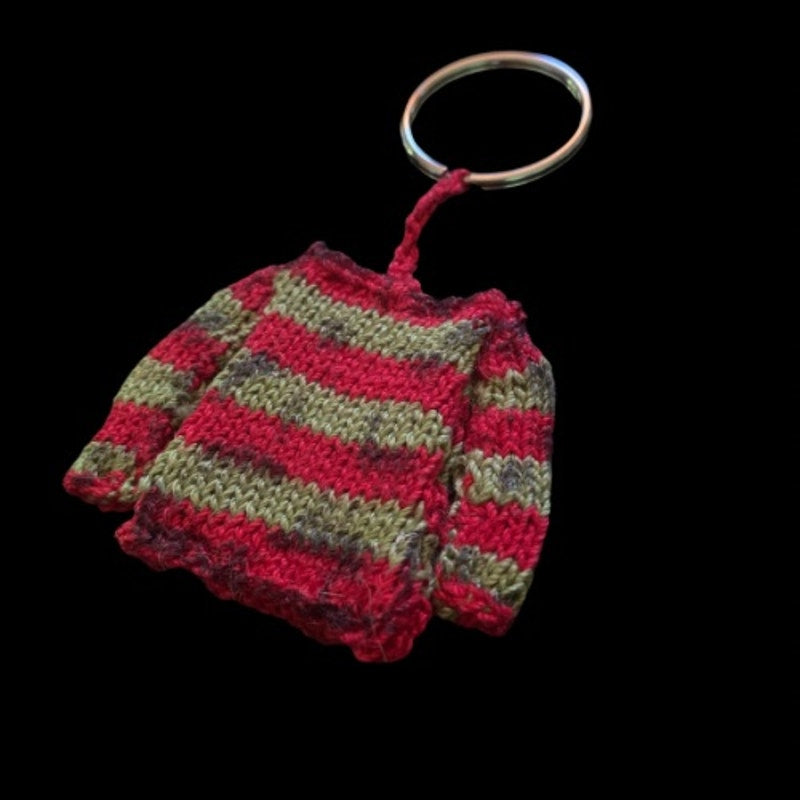 KRUEGER Red & Green Striped Sweater Keychain | Handknit with Cotton Thread