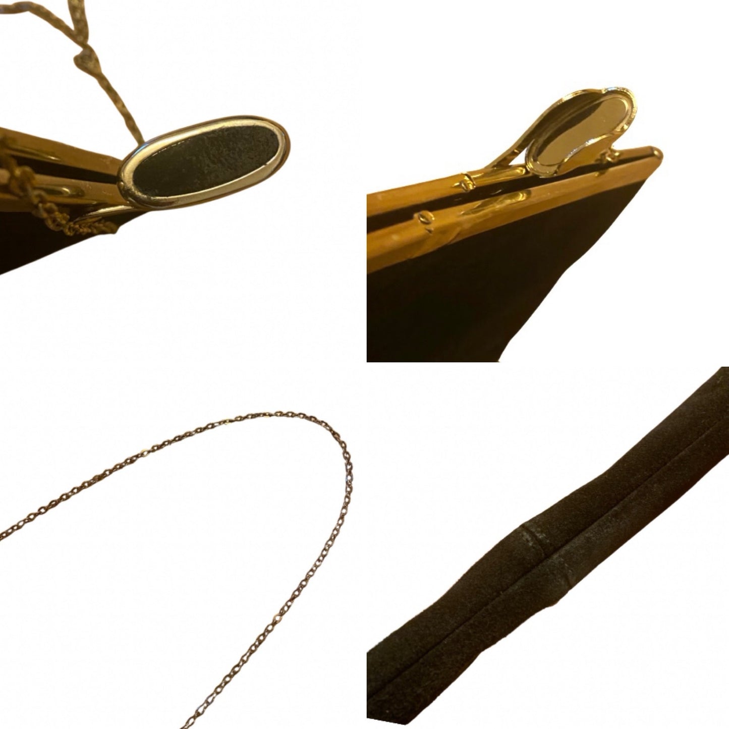 Vintage Large Black Suede Clutch/Evening Bag with Brass Clasp and Chain