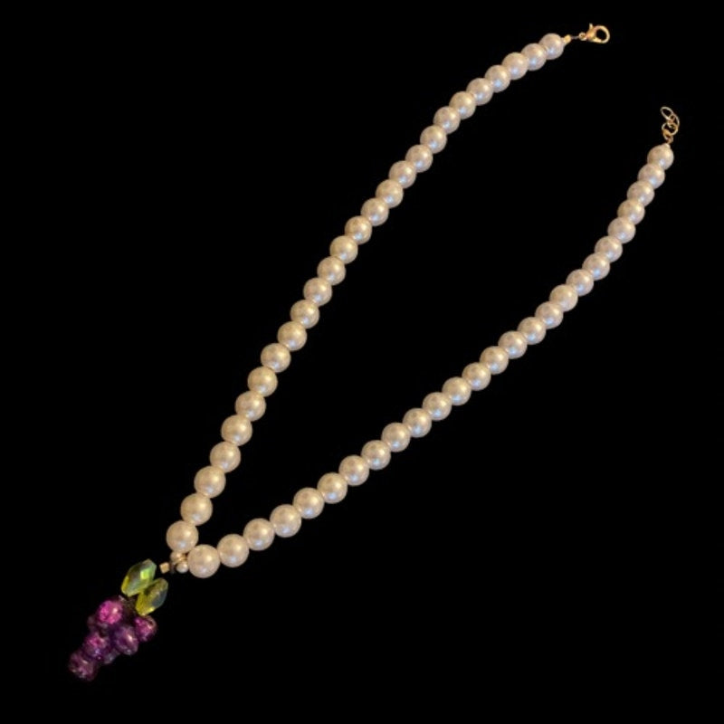 Grape Cluster Pendant Mock Pearl Choker Necklace | Handmade with Vintage Beads