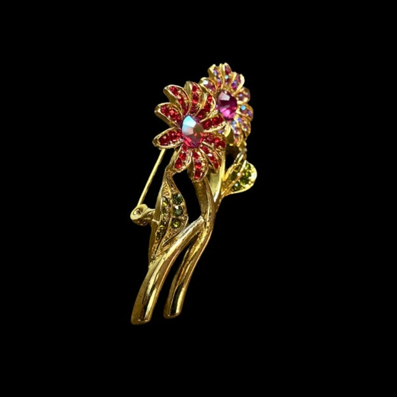 Vintage AB Red & Fuchsia Rhinestones Goldtoned Flower Brooch