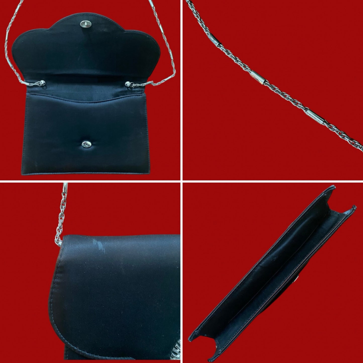 Vintage Black Satin Evening Bag with Silver Fan Decal and Chain Shoulder Strap