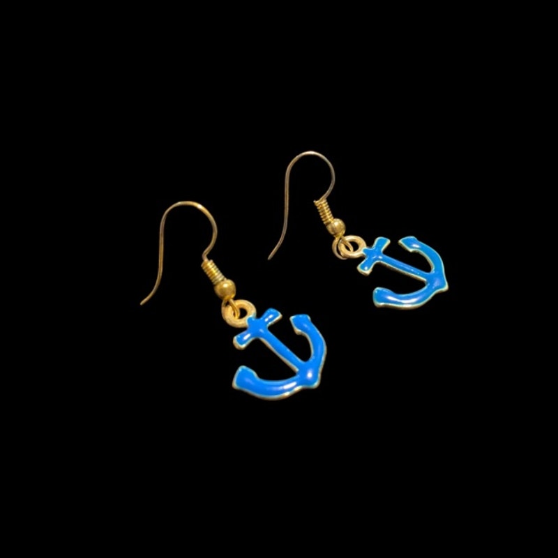 Dainty Cobalt Blue & Yellow Gold Ship Anchor Earrings