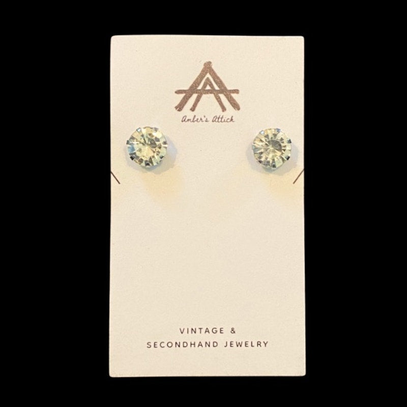 Blue-Tinted Round Diamente Stainless Steel Stud Earrings