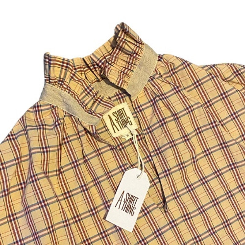 NWT Oversized Peach/Burgundy/Tan Plaid Ruffle Collar Long Sleeve Cotton Shirt (M)