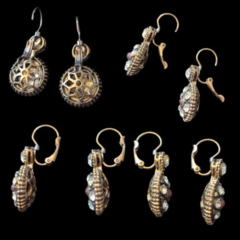 Y2K Ottoman Rose Shaped Mock Ruby & Diamente Bronze Circular Drop Earrings, Pendant, & Ring Jewelry Set