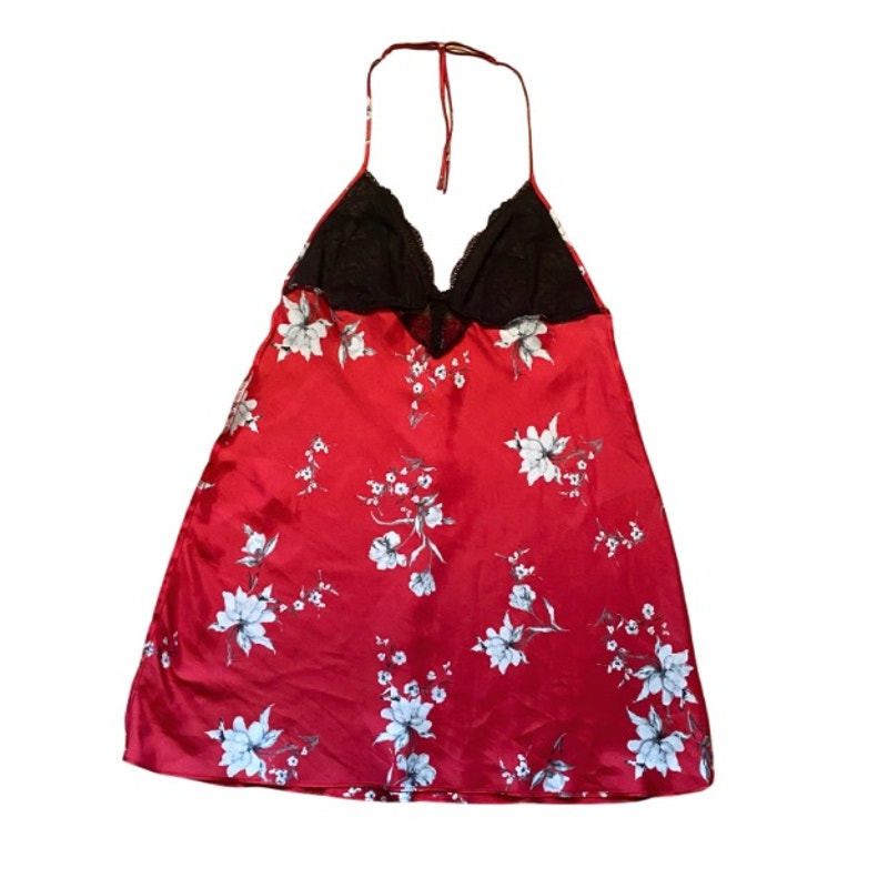 Y2K Black, Red, & White Satin Floral Halter Top Night Dress (L)