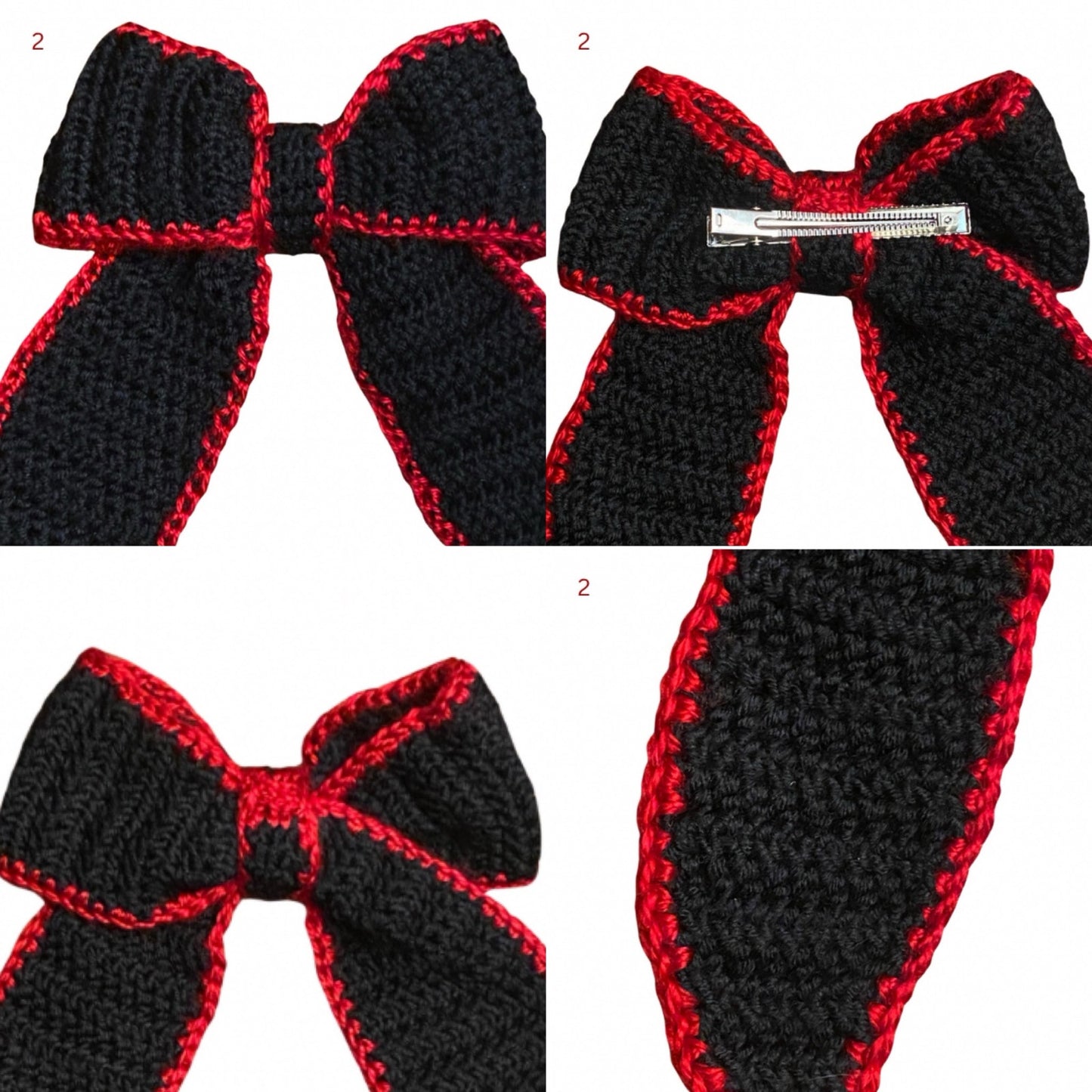 Black Crochet Bow with Red Trim - Handmade Accessory with Removable Clip
