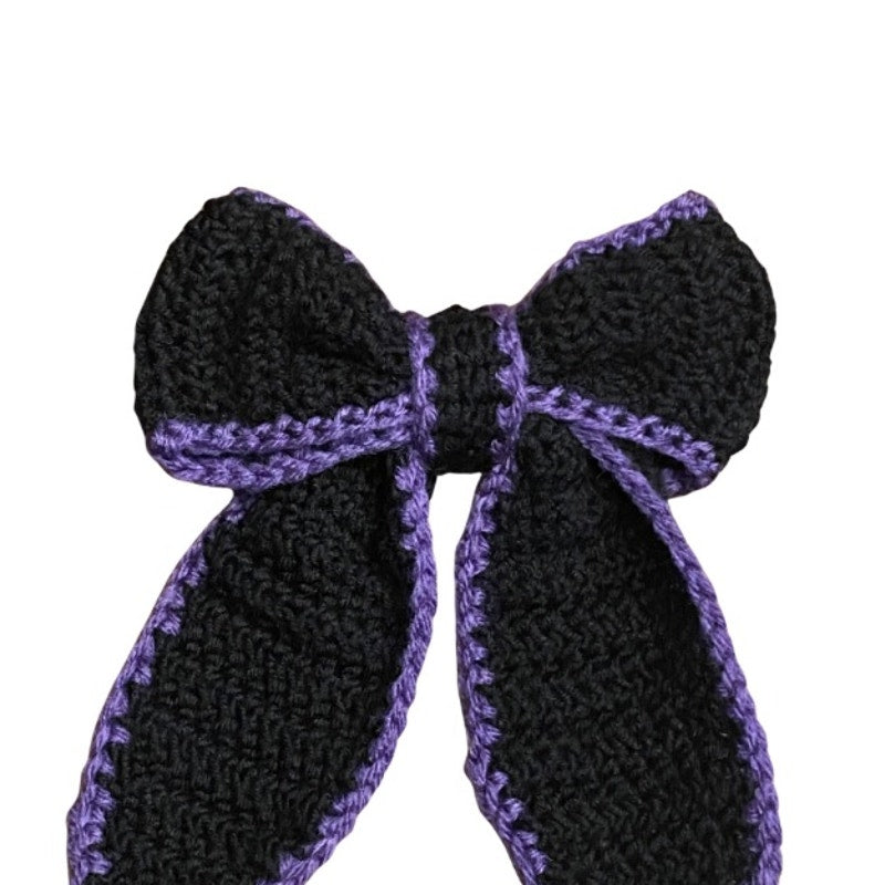Black Crochet Bow with Purple Trim - Handmade Accessory with Removable Clip