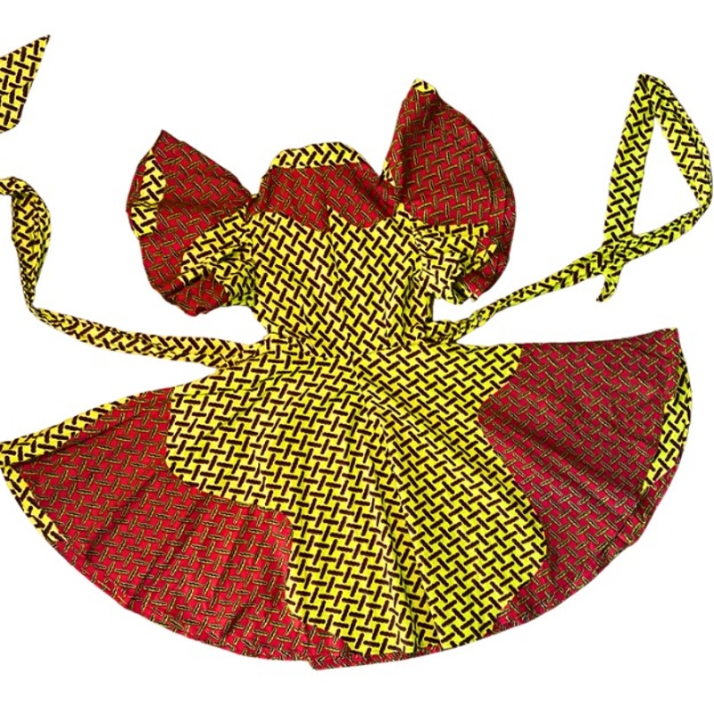 Vibrant Yellow Black & Red Geometric Ankara Print 100% Cotton Layered Wrap Dress (S)