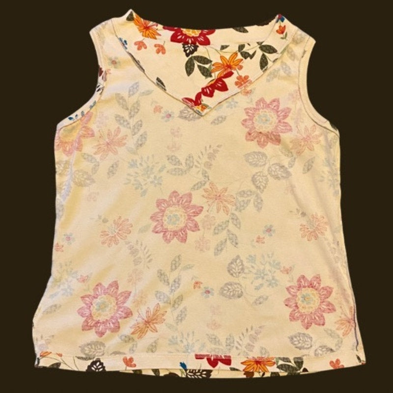 Cream/Red/Multi Floral Pattern V-Neck 100% Cotton Vest/ SleevelessTop (8-10)