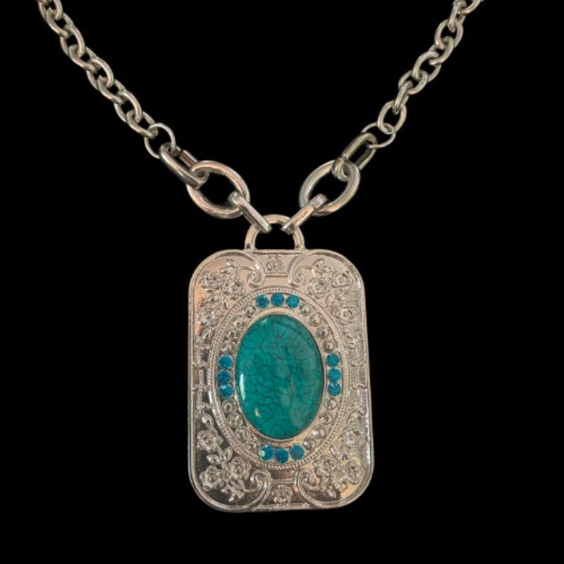 Southwestern Style Floral Etched Costume Silver & Mock Turquoise Rectangle Pendant Necklace & Drop Earring Set