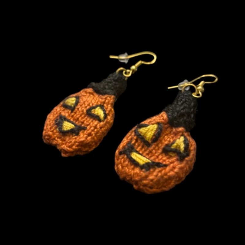 Witchy Jack O’ Lantern Handknit Cotton Earrings