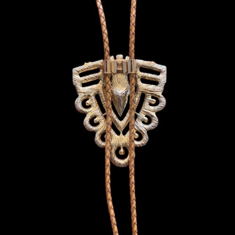 Art Deco Mock Yellow Topaz & Rhinestone Studded Triangle Camel Brown Leather Cord Bolo Tie
