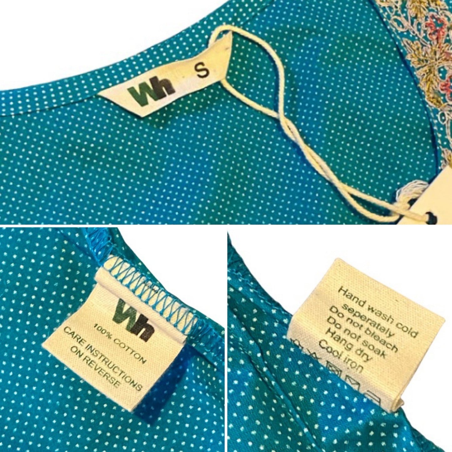 NWT Teal Blue & White Polka Dot Embroidered Floral Cotton Sleeveless Tunic Top (S)