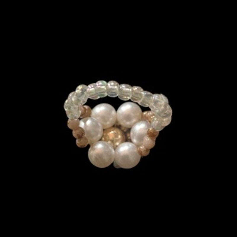 Dainty Vintage Brown/Gold/White Faux Pearl Beaded Flower Ring (5)