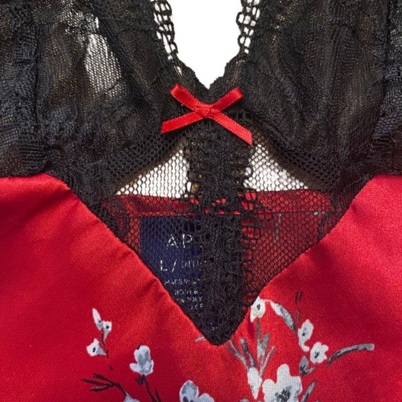Y2K Black, Red, & White Satin Floral Halter Top Night Dress (L)