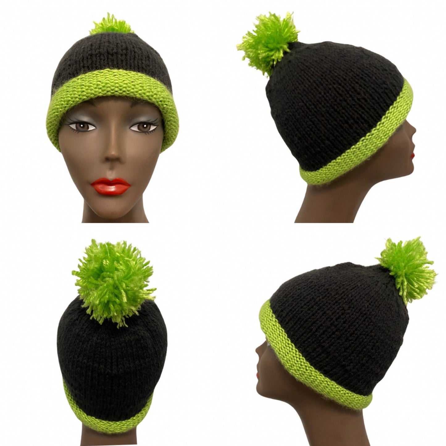 Black & Lime Green Pom Pom Knit Beanie (L)