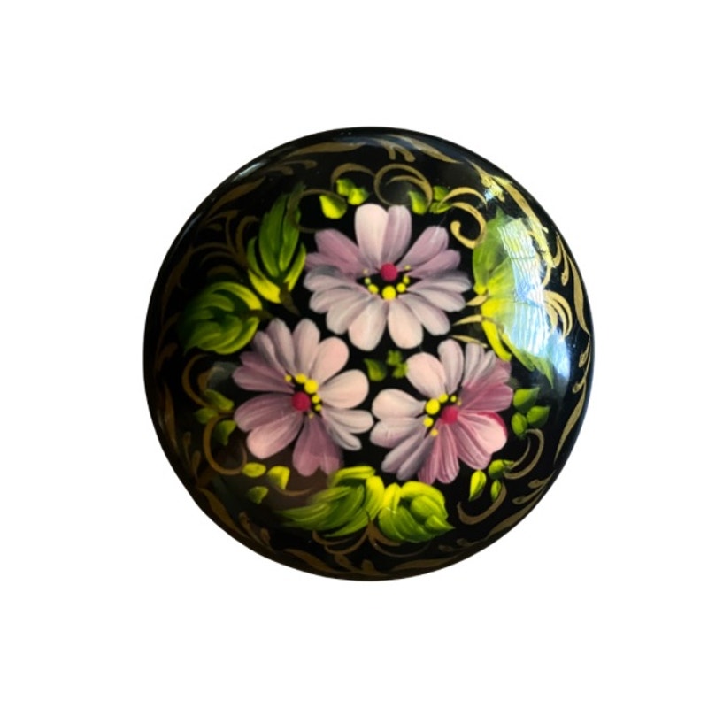 Vintage Ukrainian Round Handpainted Black Floral/ Gold Filigree Lacquer Wood Brooch