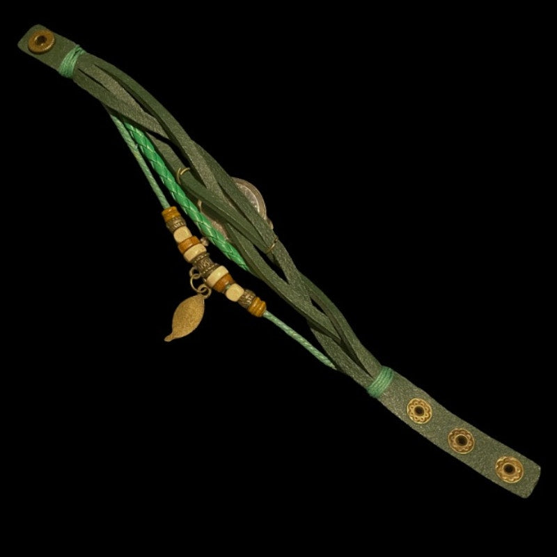 Earthy Green Leather Watch Bracelet with Wood Beads Bronze Feather Charm