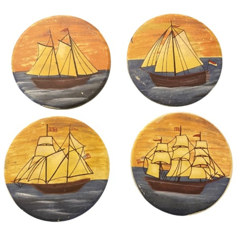 Vintage Painted Ceramic Sailboat Coasters (Set of 4)