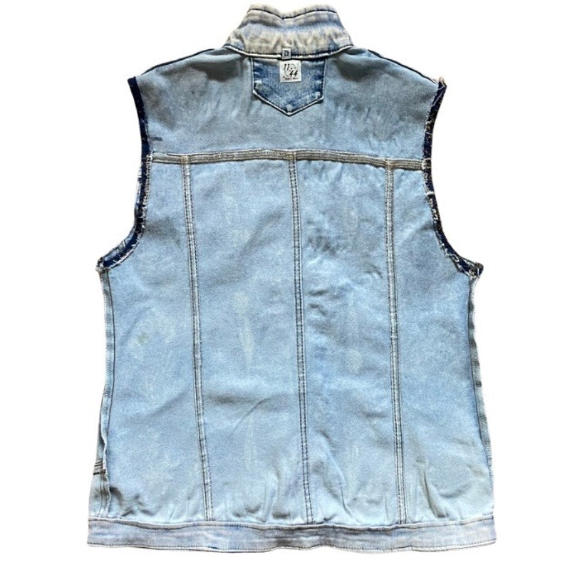 Upcycled Flower Garden Vintage Patch Embellished Sleeveless Acid Wash Jean Vest (M/L)