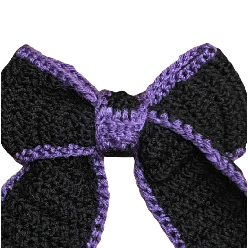 Black Crochet Bow with Purple Trim - Handmade Accessory with Removable Clip