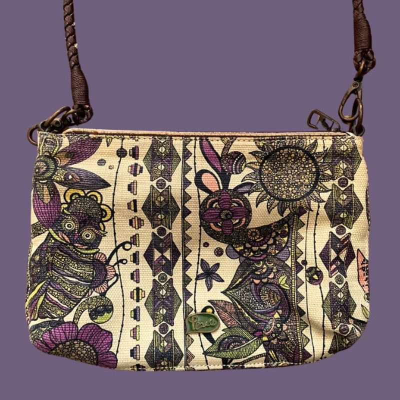 Small Earthy Peace Owl Printed Canvas Crossbody Bag with Dark Brown Faux Leather Strap