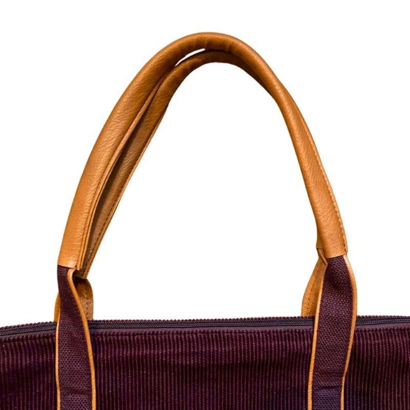 Large Maroon Corduroy Tan Faux Leather Weekender Bag with Adjustable Shoulder Strap