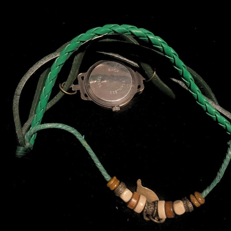 Earthy Green Leather Watch Bracelet with Wood Beads Bronze Feather Charm