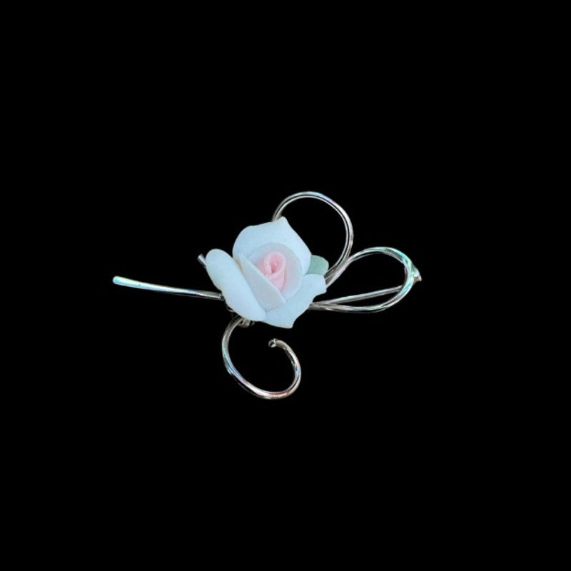 Vintage Dainty Sterling Silver White Ceramic Rose Pin