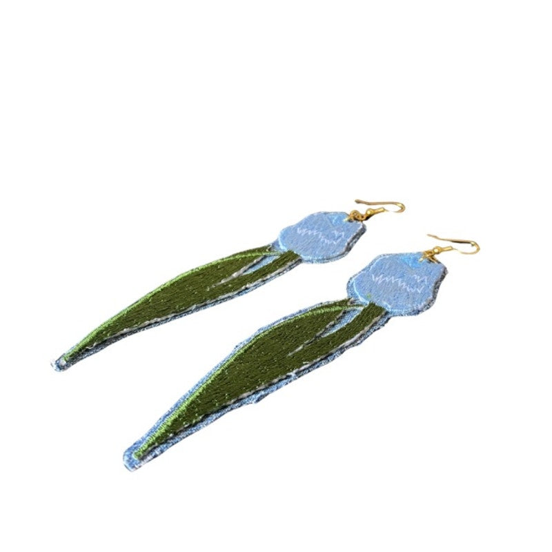 Upcycled Vintage Blue Tulip Embroidered Patch + Denim Earrings
