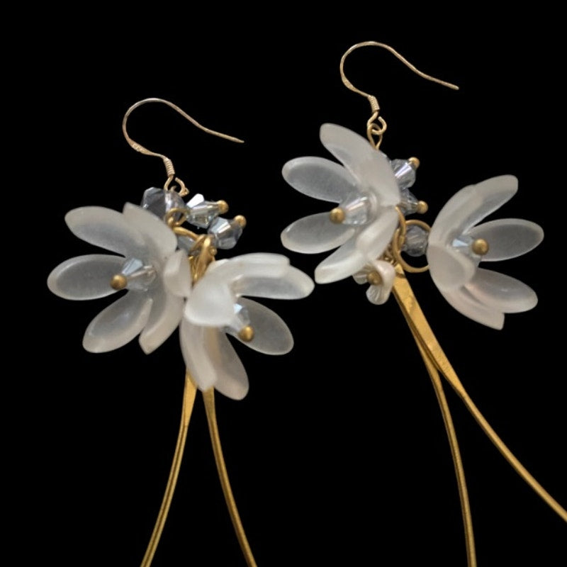 Frosted Acrylic Crystal Bead Flower Blossom Gold Dangle and Drop Earrings