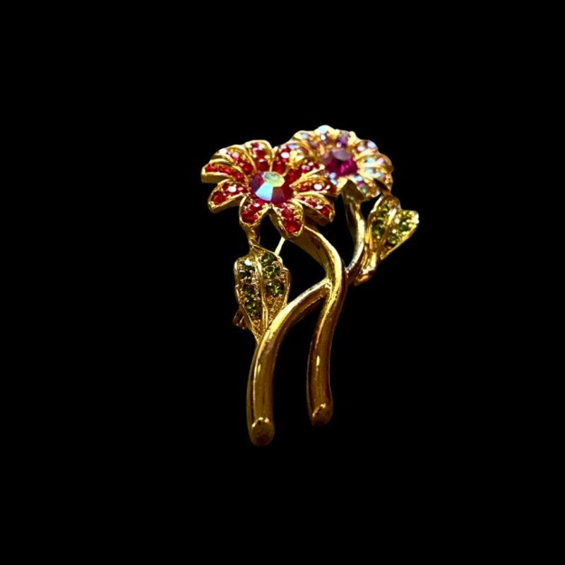 Vintage AB Red & Fuchsia Rhinestones Goldtoned Flower Brooch