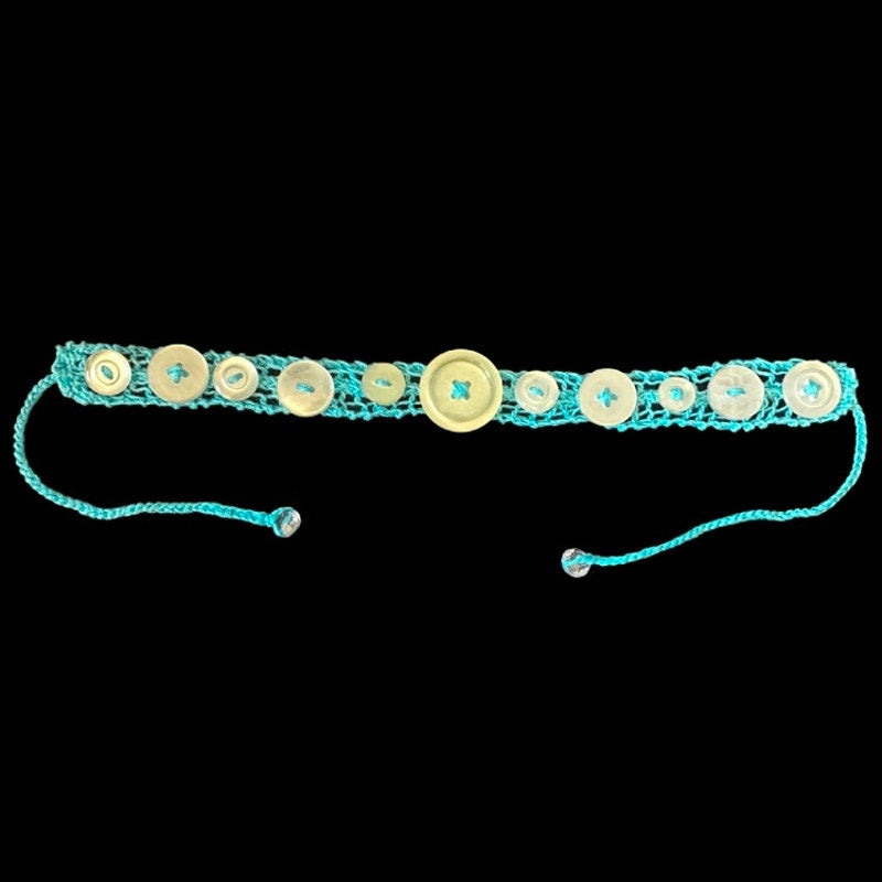 Pearlescent Button Embellished Handknit Turquoise Cotton Choker Necklace
