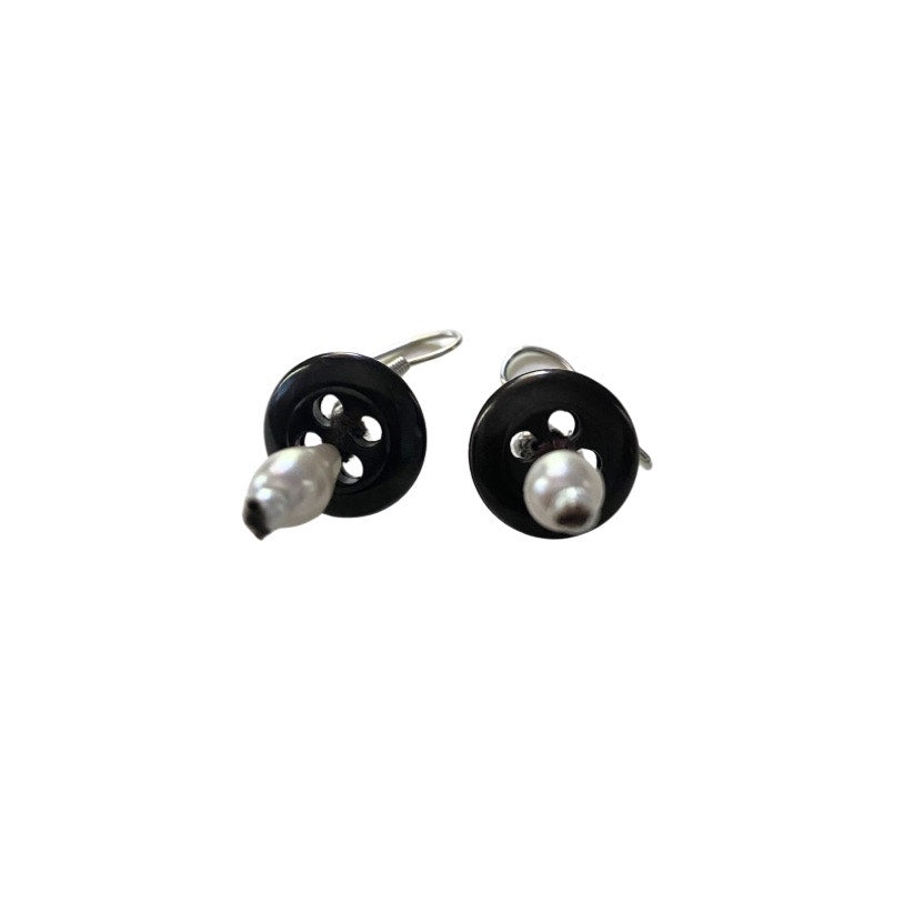 Dark Brown Vintage Pearl Bead & Button Mushroom Earrings (Silver)