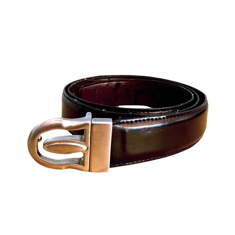 1980’s Men’s Distressed Black/Brown Reversible Faux Leather Belt with Silver Buckle (36/90)
