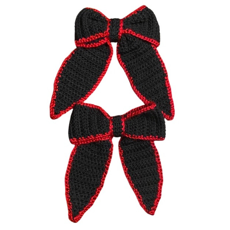 Black Crochet Bow with Red Trim - Handmade Accessory with Removable Clip
