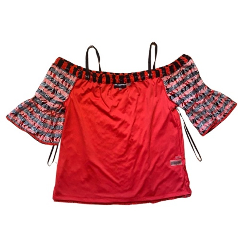 Black and Red Striped Floral Lace Off Shoulder Blouse (M)