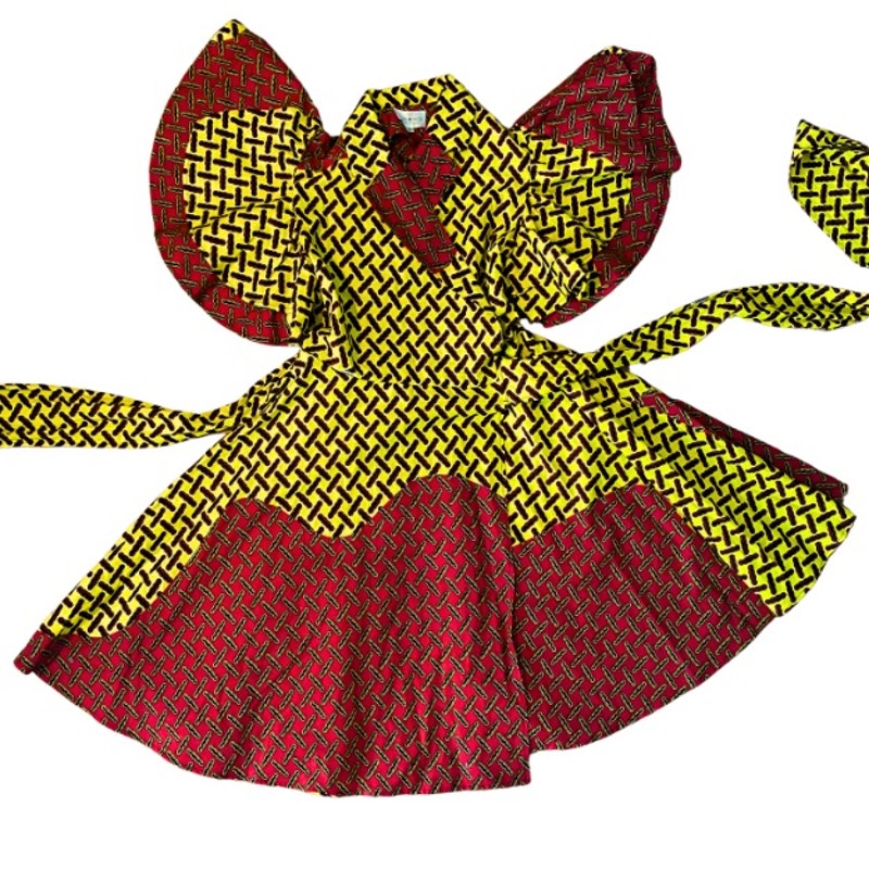 Vibrant Yellow Black & Red Geometric Ankara Print 100% Cotton Layered Wrap Dress (S)