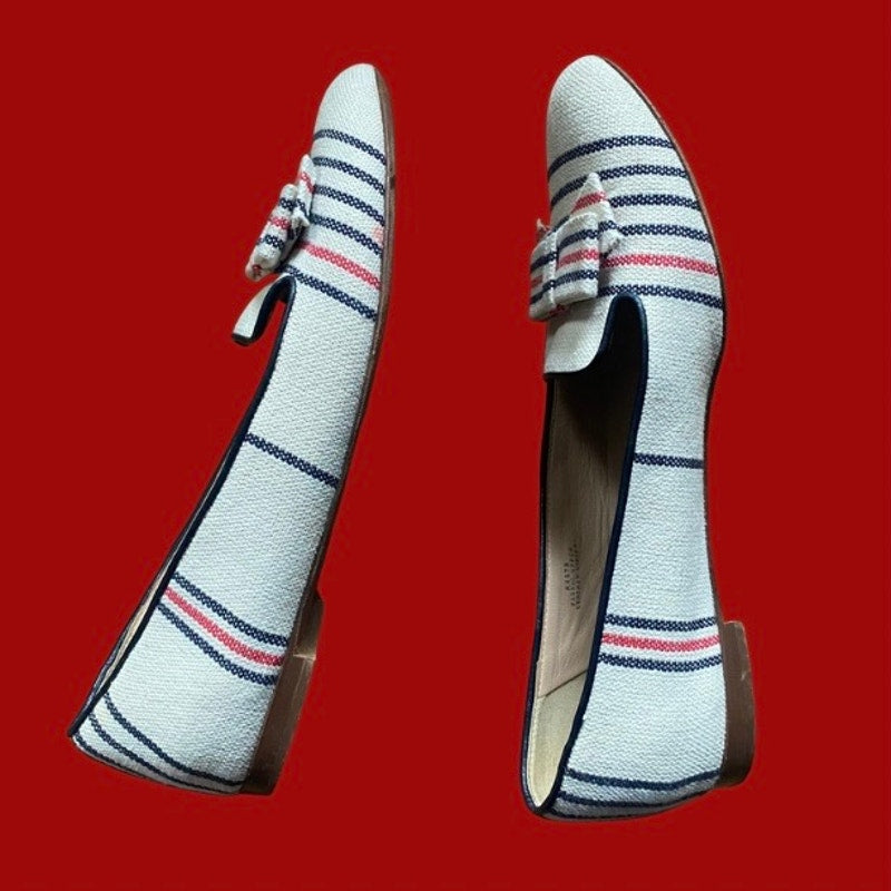 J. Crew White Blue & Red Woven Bow Detail Striped Canvas Leather Loafers (8)