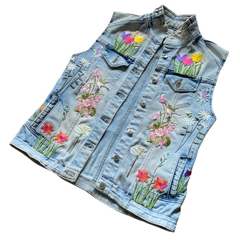 Upcycled Flower Garden Vintage Patch Embellished Sleeveless Acid Wash Jean Vest (M/L)