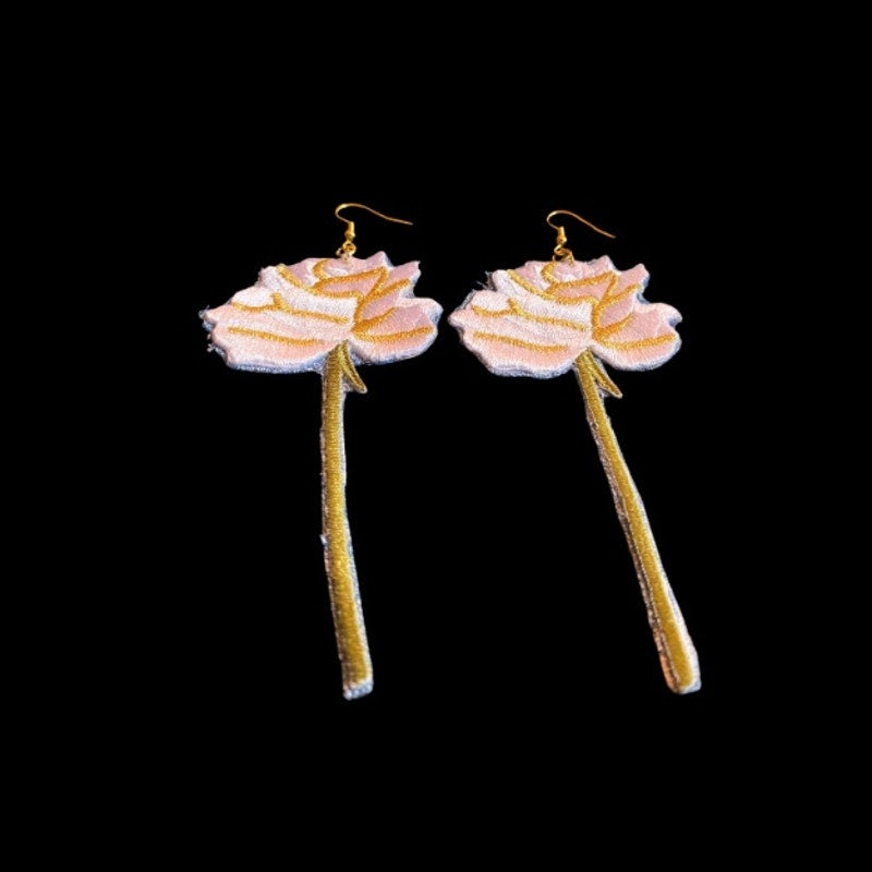 Vintage White/Gold Long Stem Rose Patch + Denim Earrings