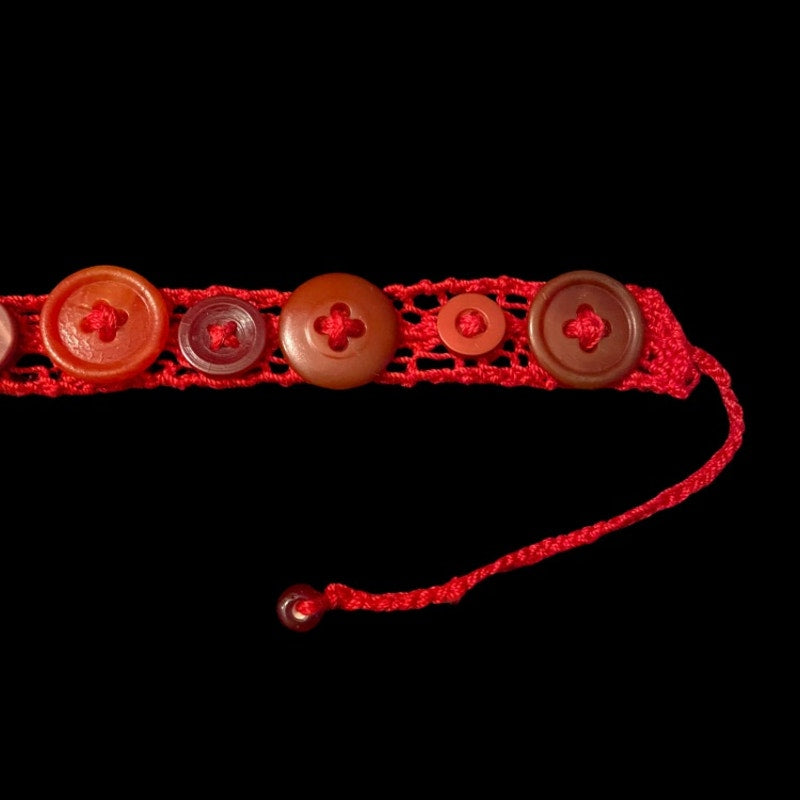Red/Brown Button Embellished Handknit Cotton Choker Necklace