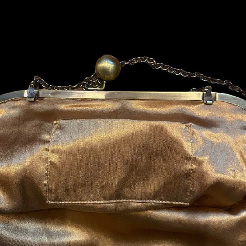 Large Vintage Knit Metallic Gold Clutch with Bronze Toned Chain Strap